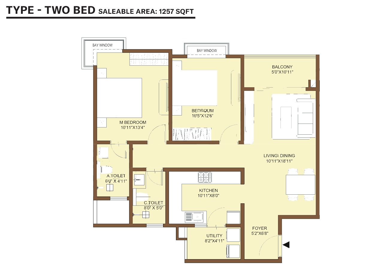 2 Bed floor plan at Nikoo Homes KIADB